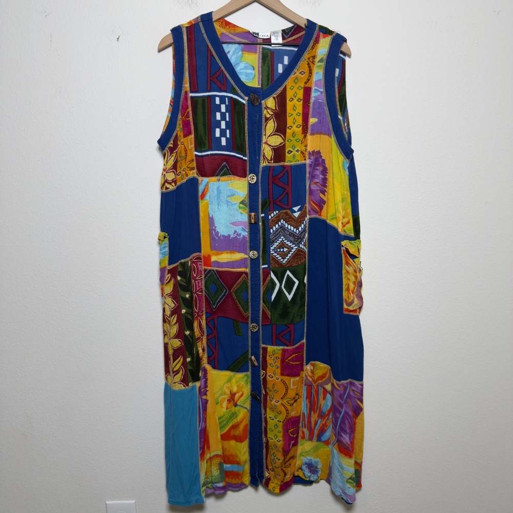 La Cera Women Dress 2X Blue Patchwork Art to Wear Sleeveless Button Front Midi